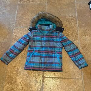 ROXY Girls Kids Blue Red Plaid Faux Fur Ski Snowboard Puffer Jacket Size 8Y